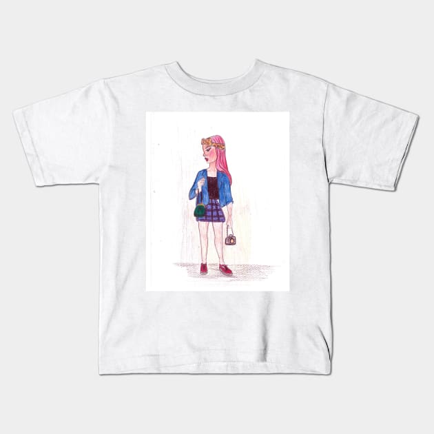 Pink Hair don't care - drawing Kids T-Shirt by Le petit fennec